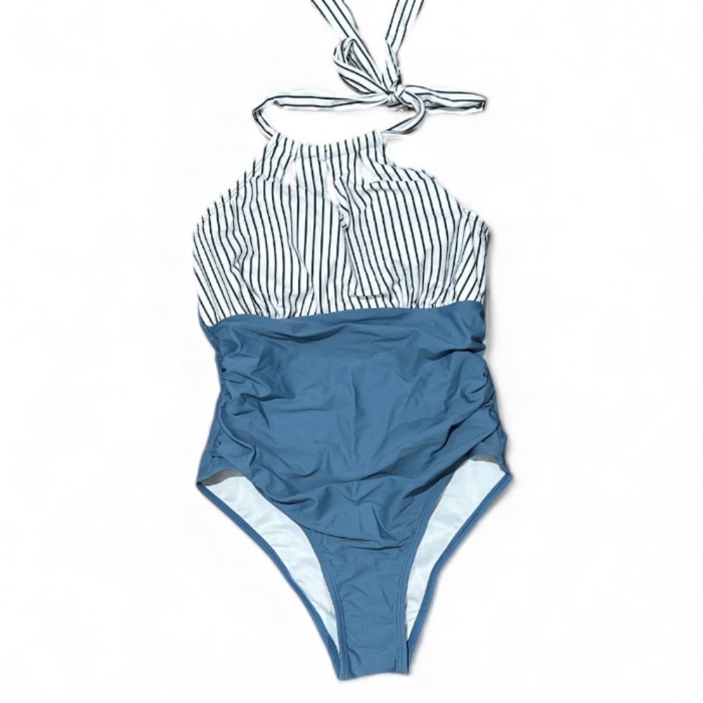 Swimsuit NEW Halter Top adjustable Blue & White lined Aimage small